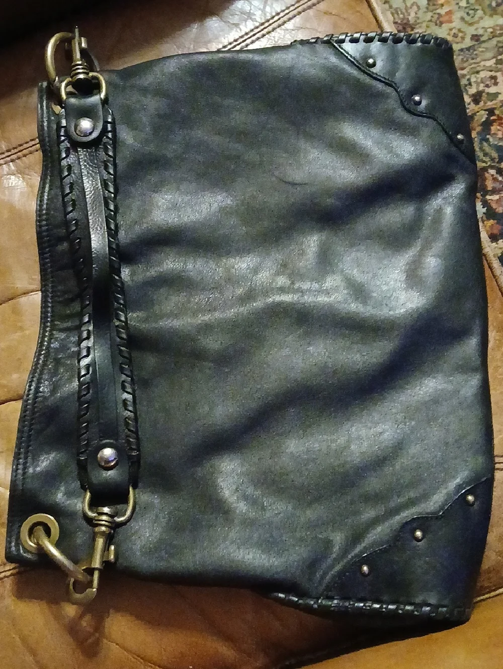 Gianni‎ Chiarini,Soft Black Leather Hobo with Brass Ring Details. Med. Sz.